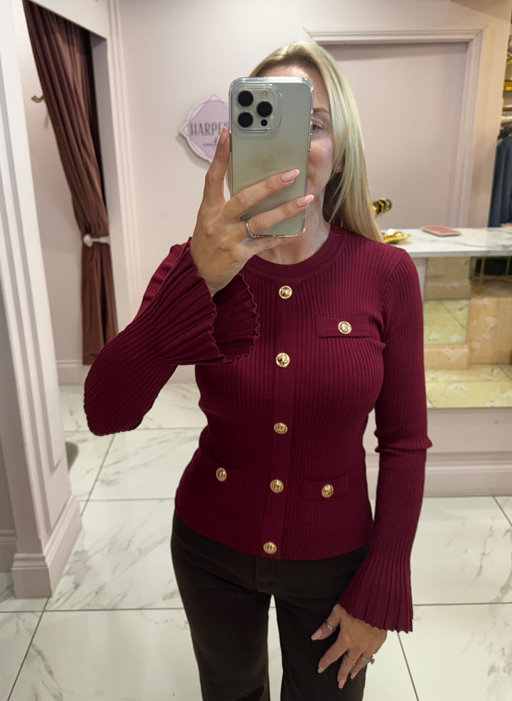 Clara Burgundy Ribbed Fluted Sleeve Gold Button Jumper