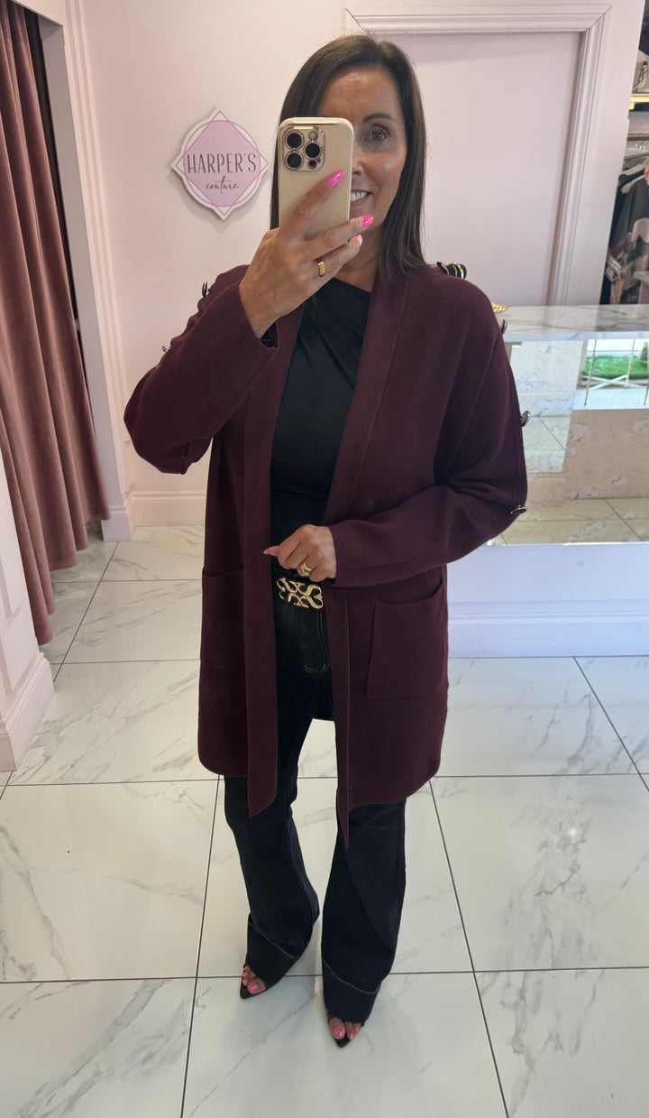Anna Burgundy Button Detail Longline Cardigan