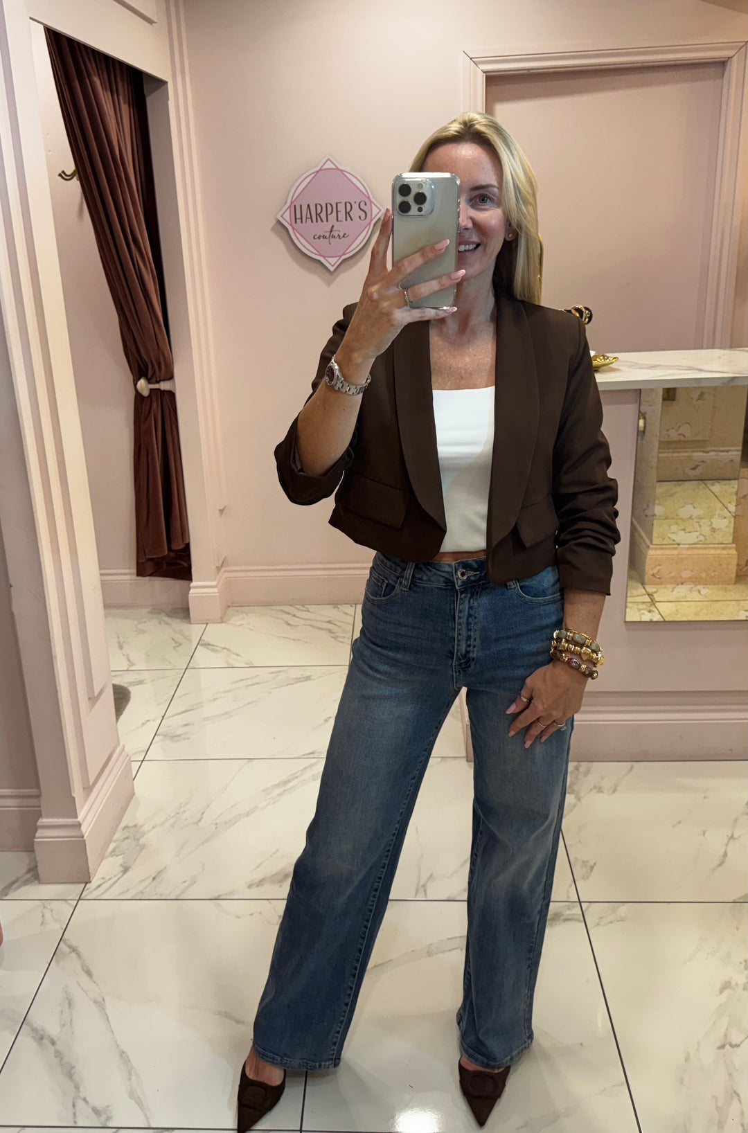 Gabby Chocolate Cropped Ruched Sleeve Blazer