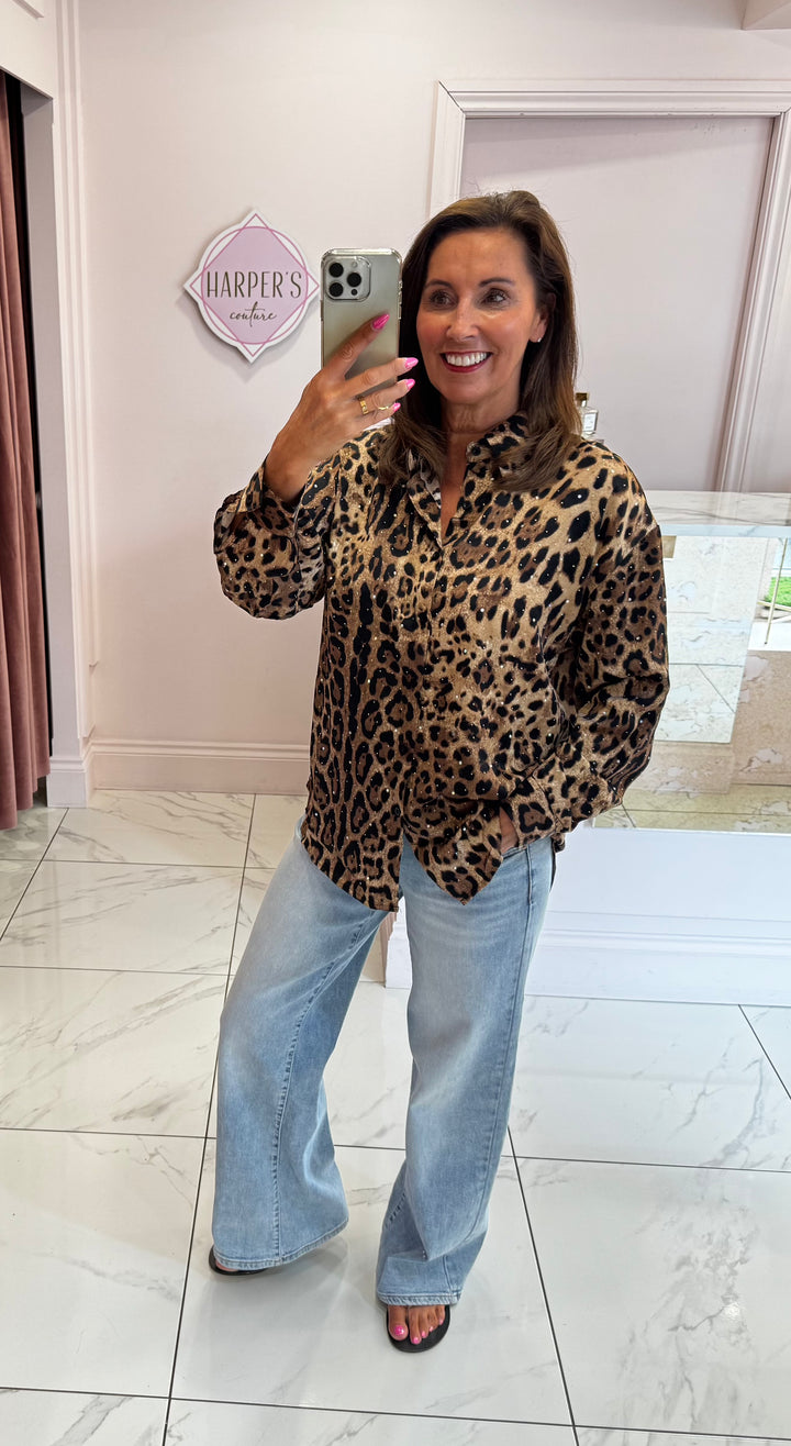 Zaya Leopard Print Scattered Crystal Embellished Shirt