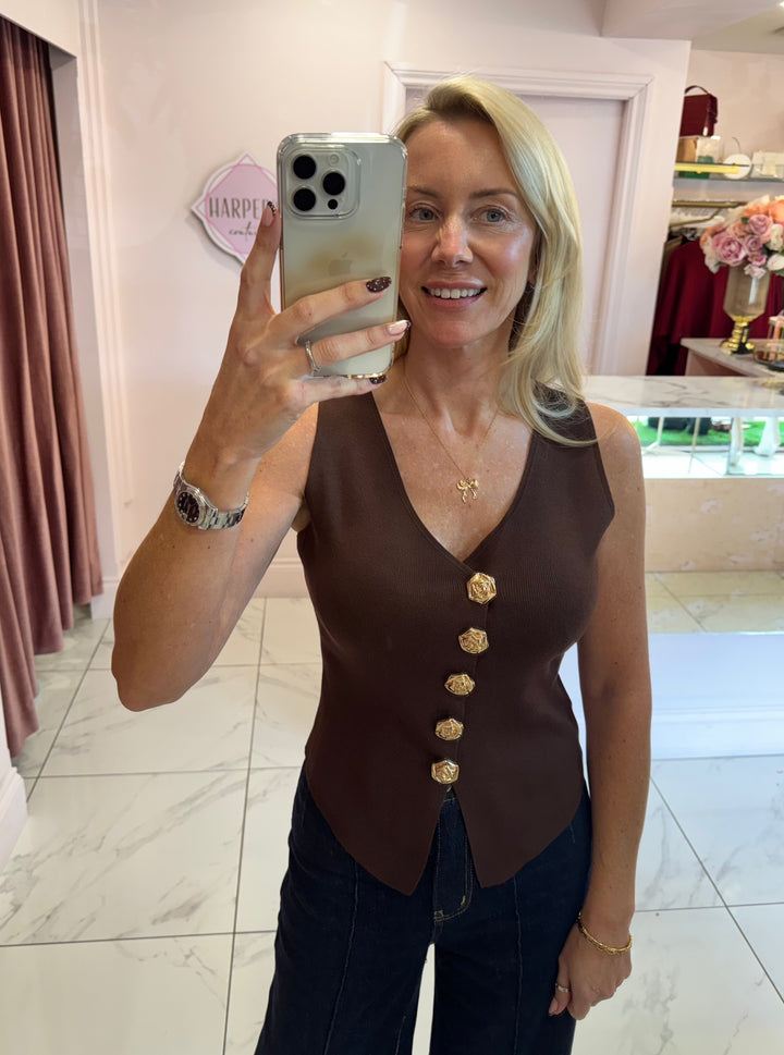 Karis Chocolate Knit Gold Button Detail Waistcoat/Top
