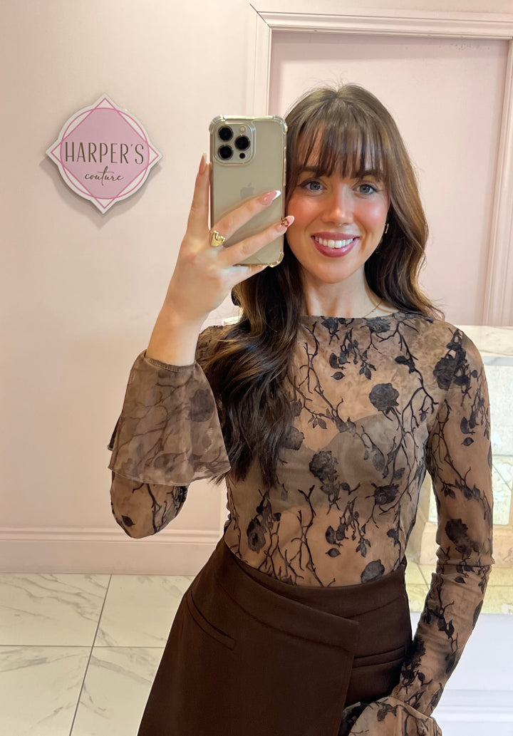 Claudia Chocolate Brown Sheer Flared Cuff Top