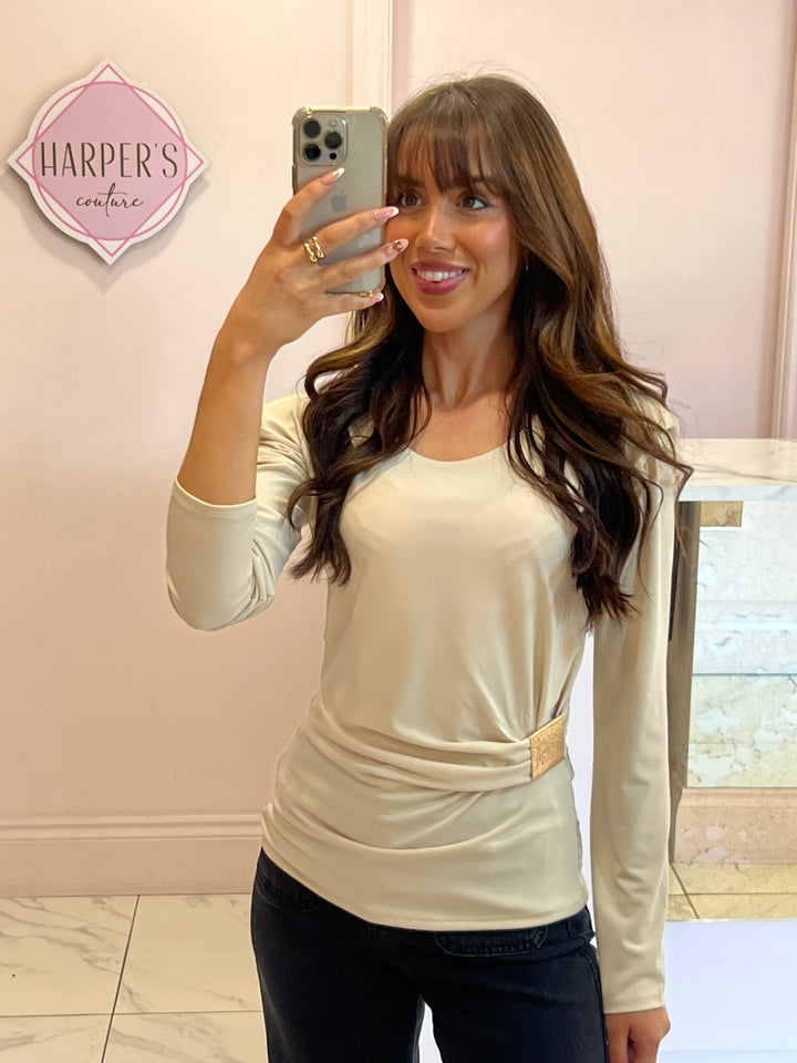 Tammy Cream Long Sleeve Shoulder Pad Detail Top