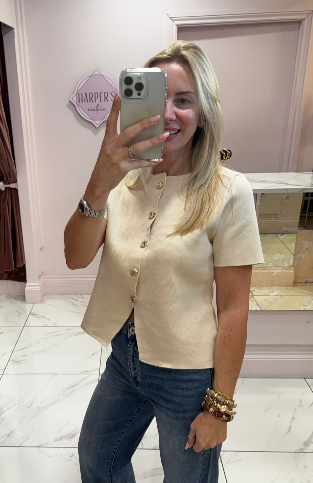 Katy Cream Knit Button Detail Waistcoat/Top