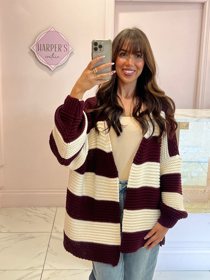 Zizi Burgundy Chunky Knit Striped Cardigan