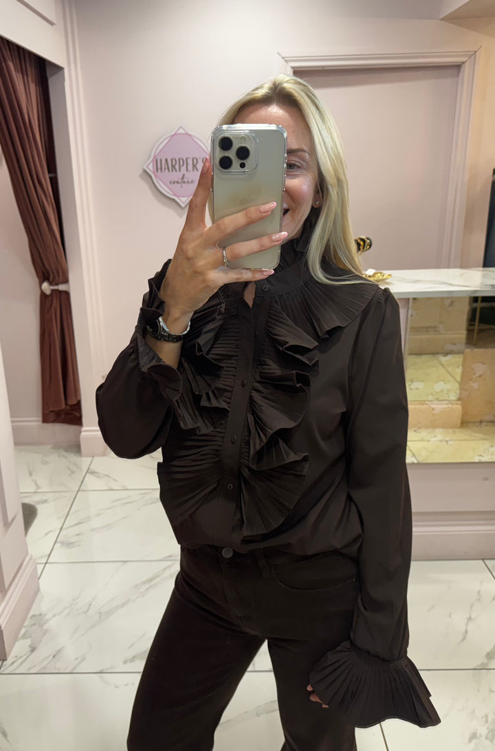 Ella Chocolate Ruffle Front & Cuff Detail Blouse