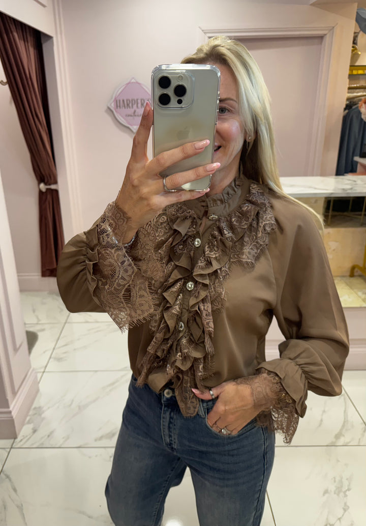 Poppy Mocha Ruffle Front & Cuff Detail Blouse