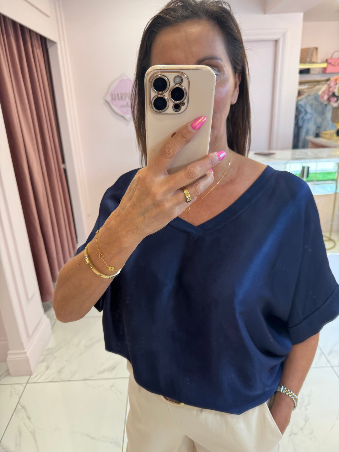 Trixie Navy Silky Front Top