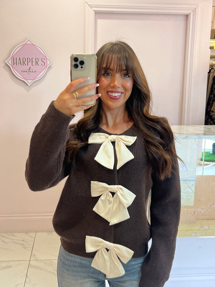 Bethany Chocolate & Cream Knit Bow Cardigan/Jumper