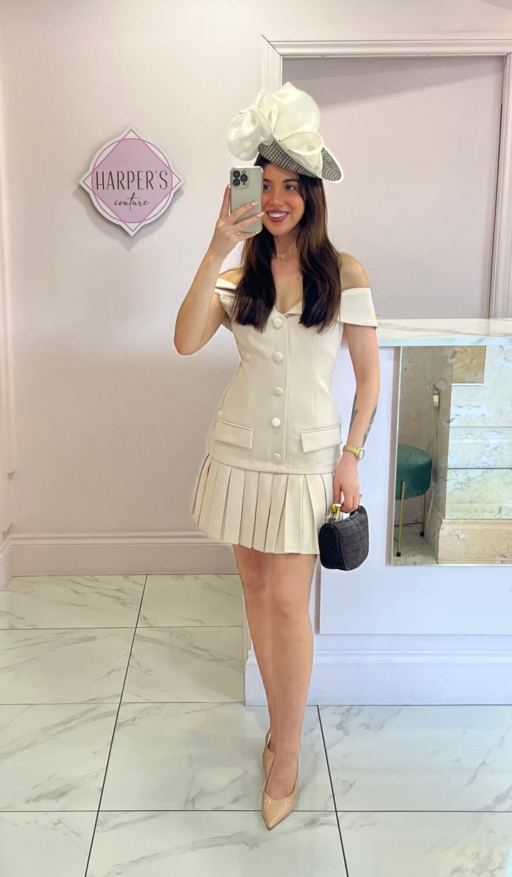 Abbie Luxe Tailored Bardot Button Front & Pleated Mini Dress