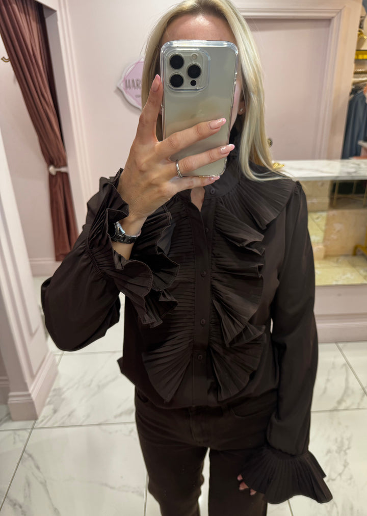 Ella Chocolate Ruffle Front & Cuff Detail Blouse