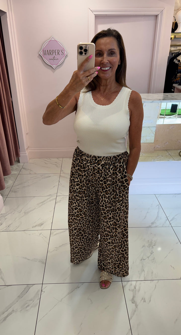Laura Wide Leg Leopard Print Trousers
