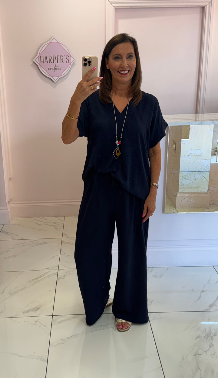 Ember Navy V Neck Top & Trouser Co Ord Set