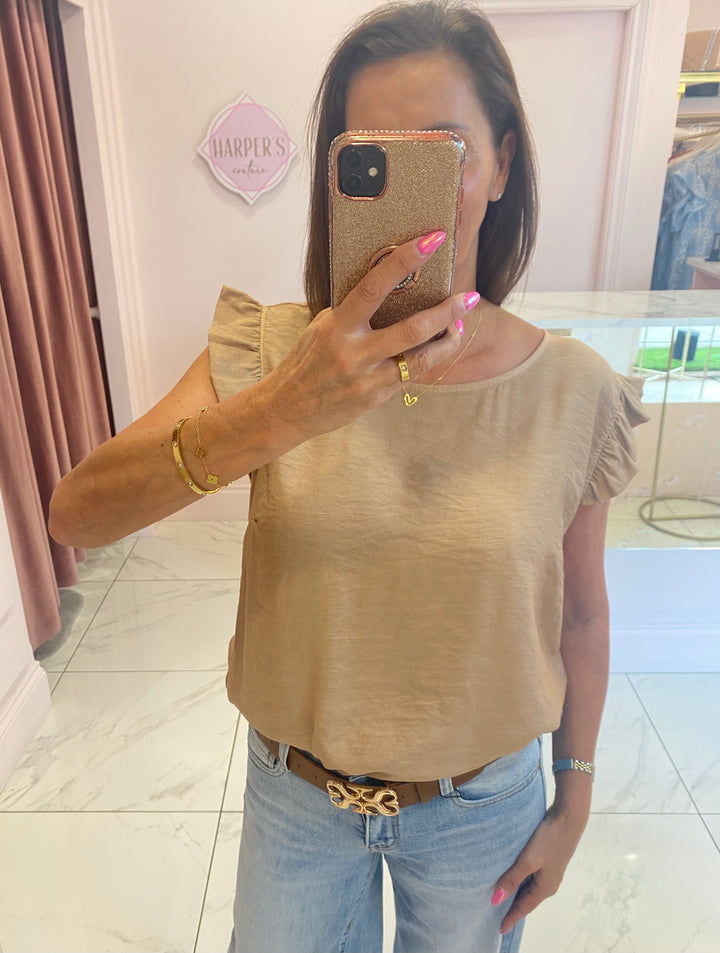 Joy Beige Frill Shoulder Button Back Top