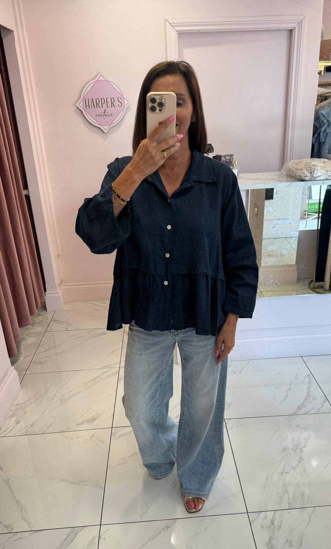 Saffie Navy Linen Mix Blouse