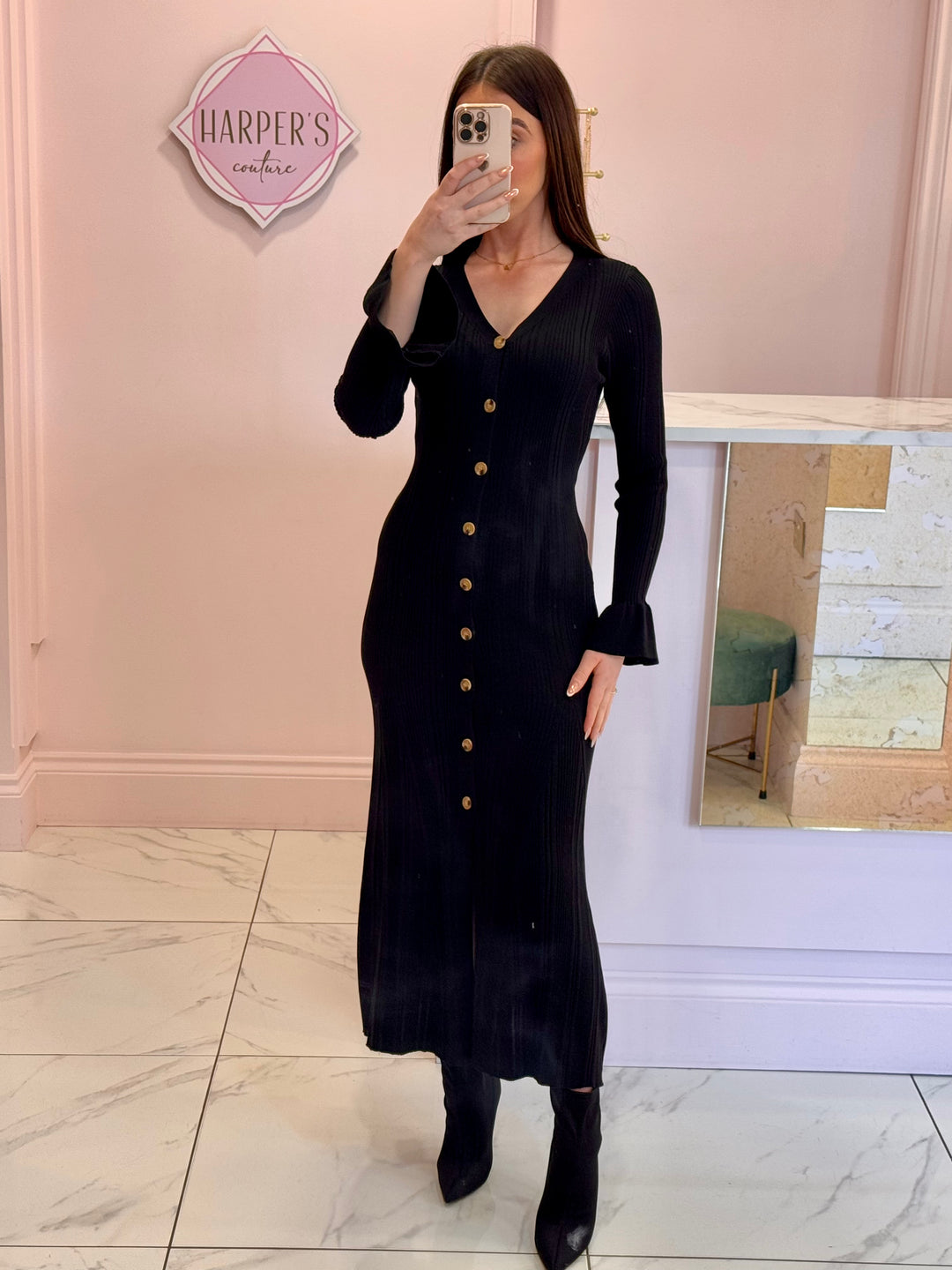 Lacie Black Long Sleeve Knit Midi Dress