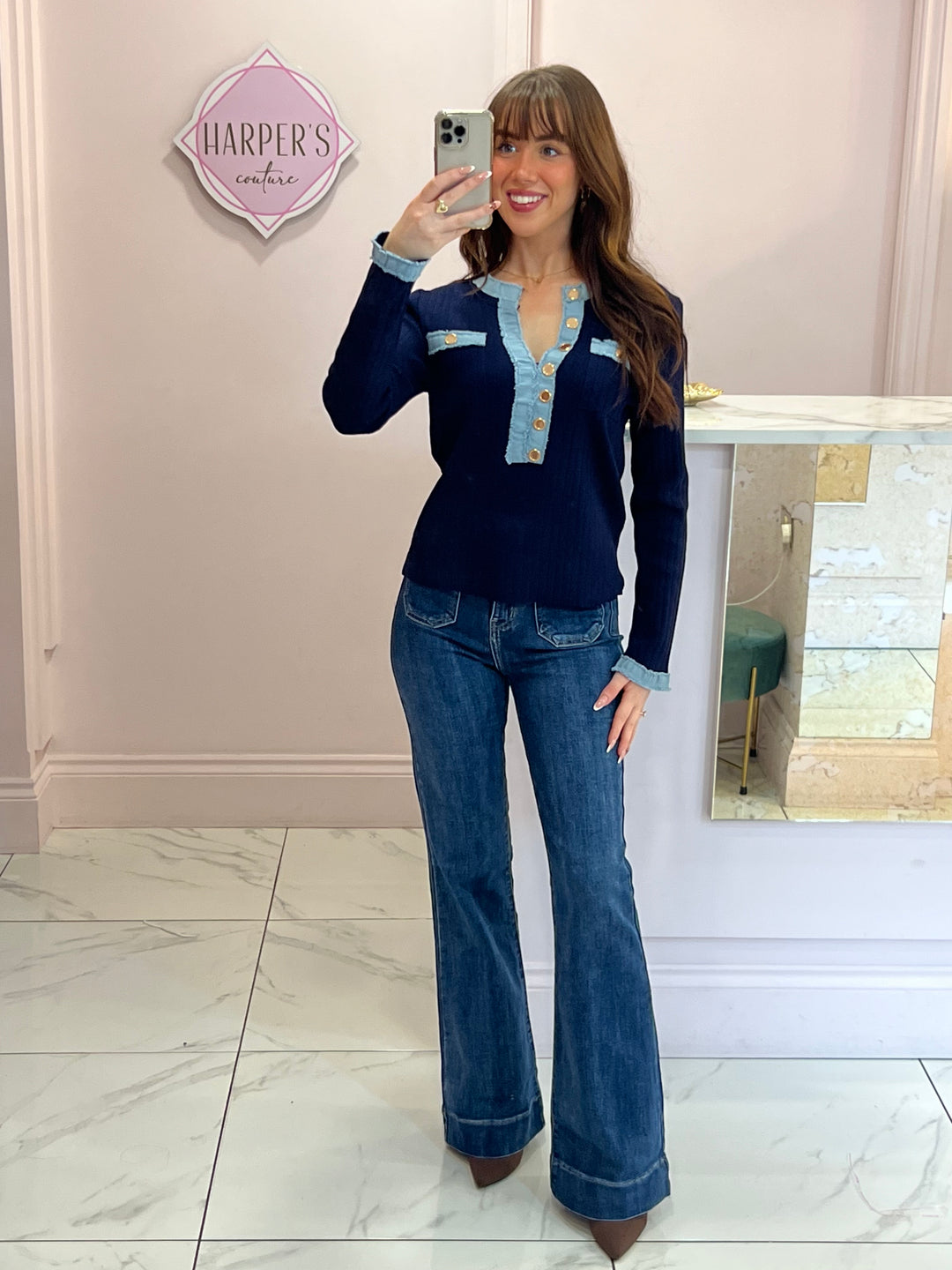 Imogen Navy Denim Trim Knit Sweater/Jumper