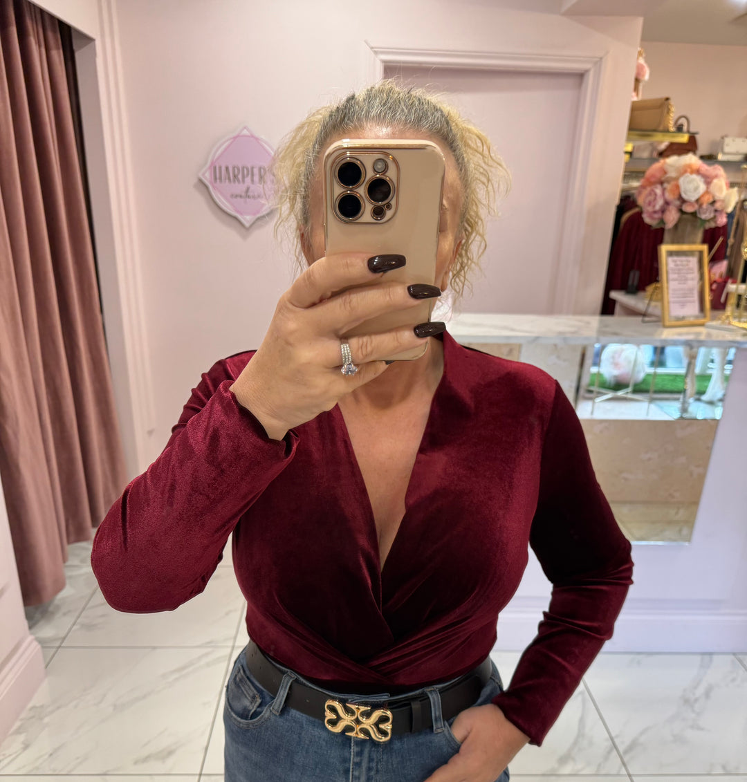 Berry Wrap Over Velvet Long Sleeve Bodysuit