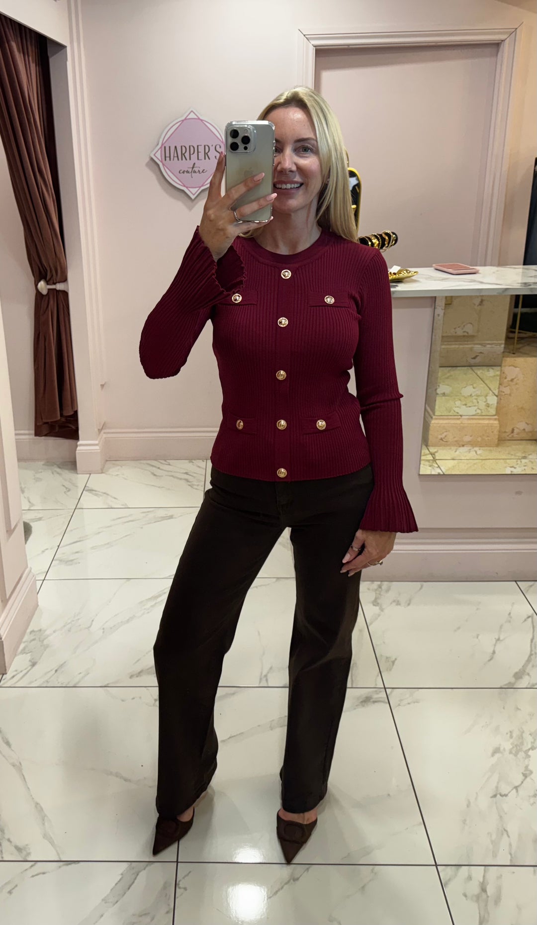 Clara Burgundy Ribbed Fluted Sleeve Gold Button Jumper