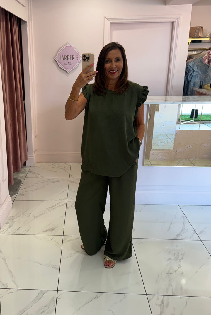 Kaya Khaki Frill Shoulder Top & Trouser Co Ord Set