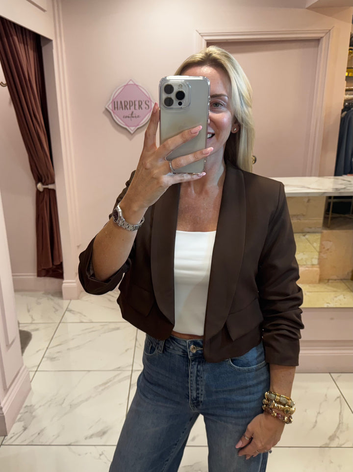 Gabby Chocolate Cropped Ruched Sleeve Blazer
