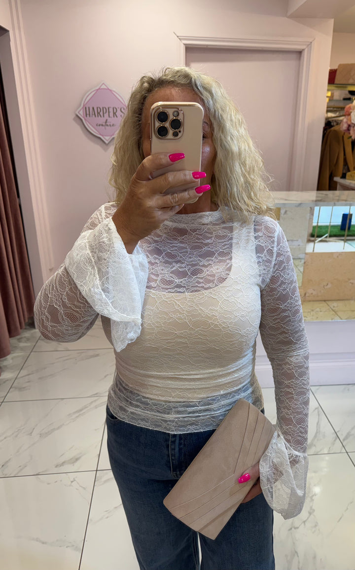 Lucie White Lace Top with Bell Sleeves