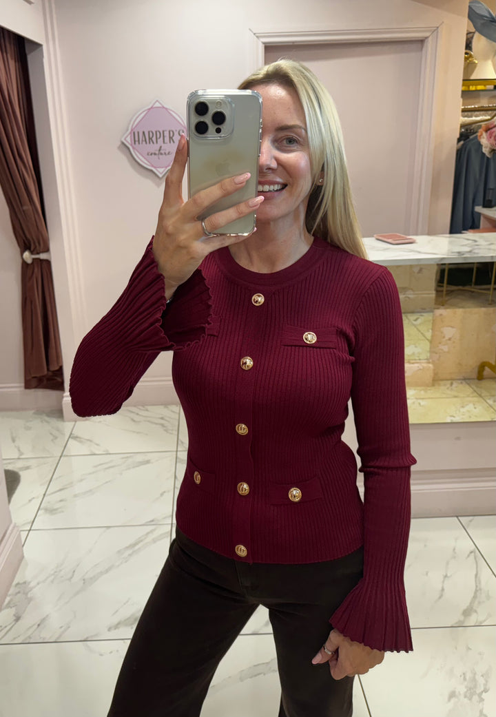 Clara Burgundy Ribbed Fluted Sleeve Gold Button Jumper
