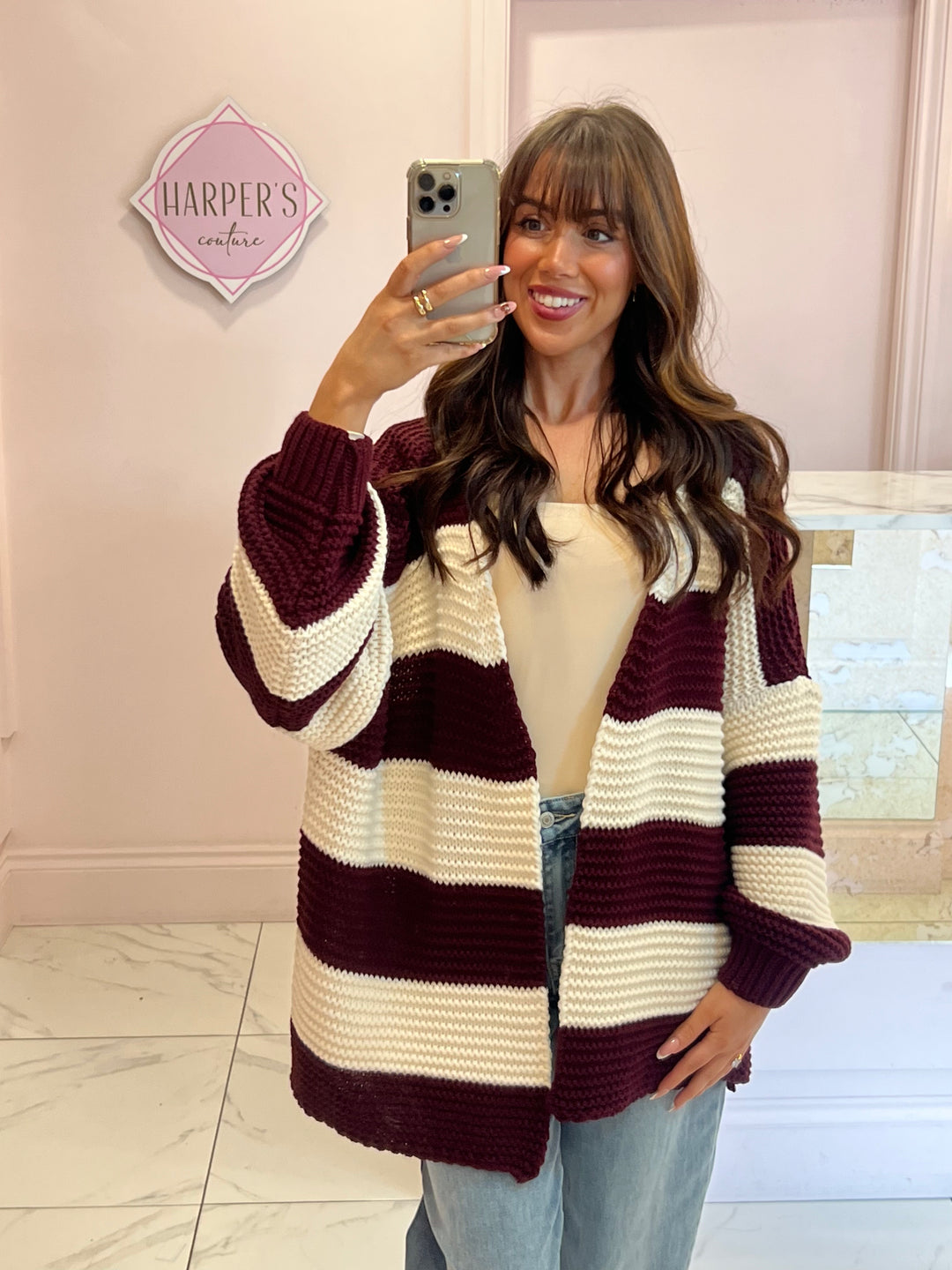 Zizi Burgundy Chunky Knit Striped Cardigan