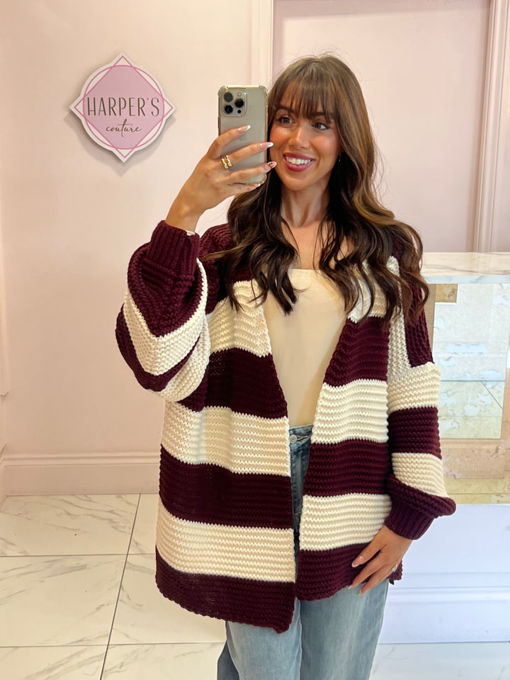 Zizi Burgundy Chunky Knit Striped Cardigan