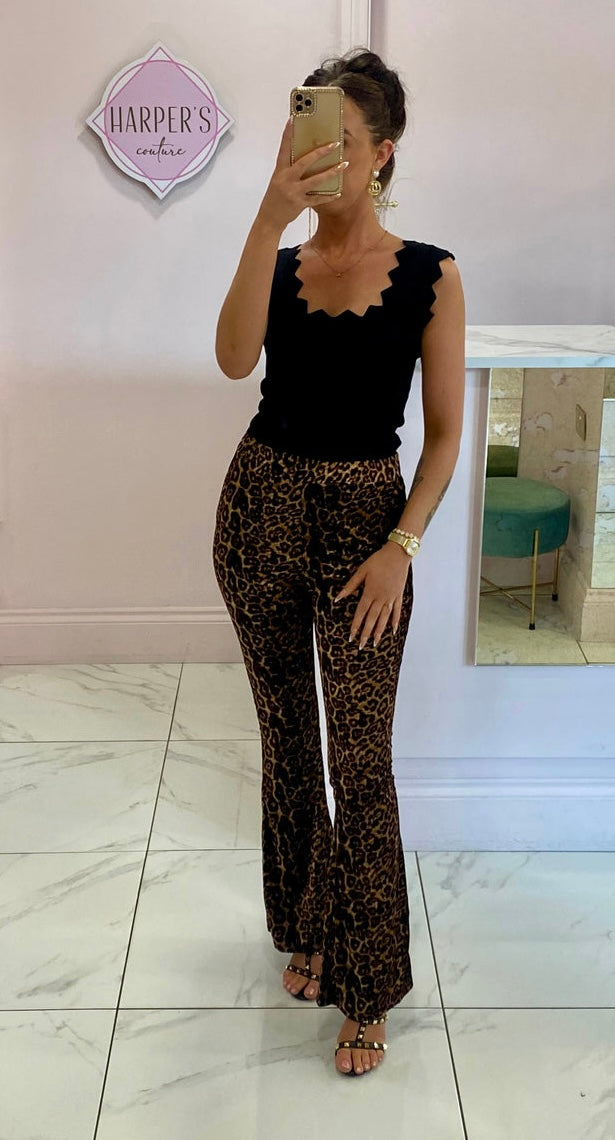 Betty Leopard Print Velour Flare Trousers