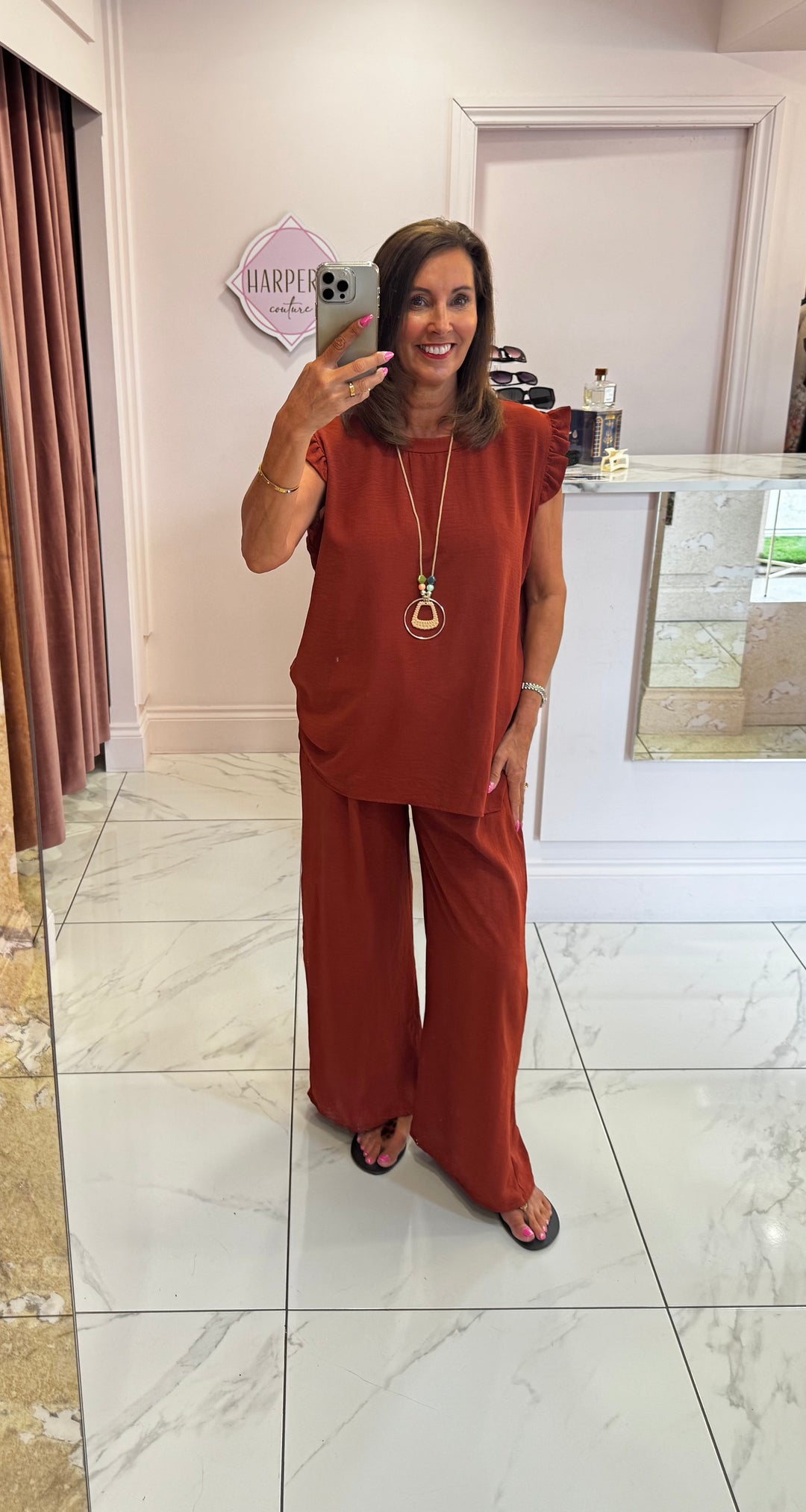 Kaya Rust Frill Shoulder Top & Trouser Co Ord Set