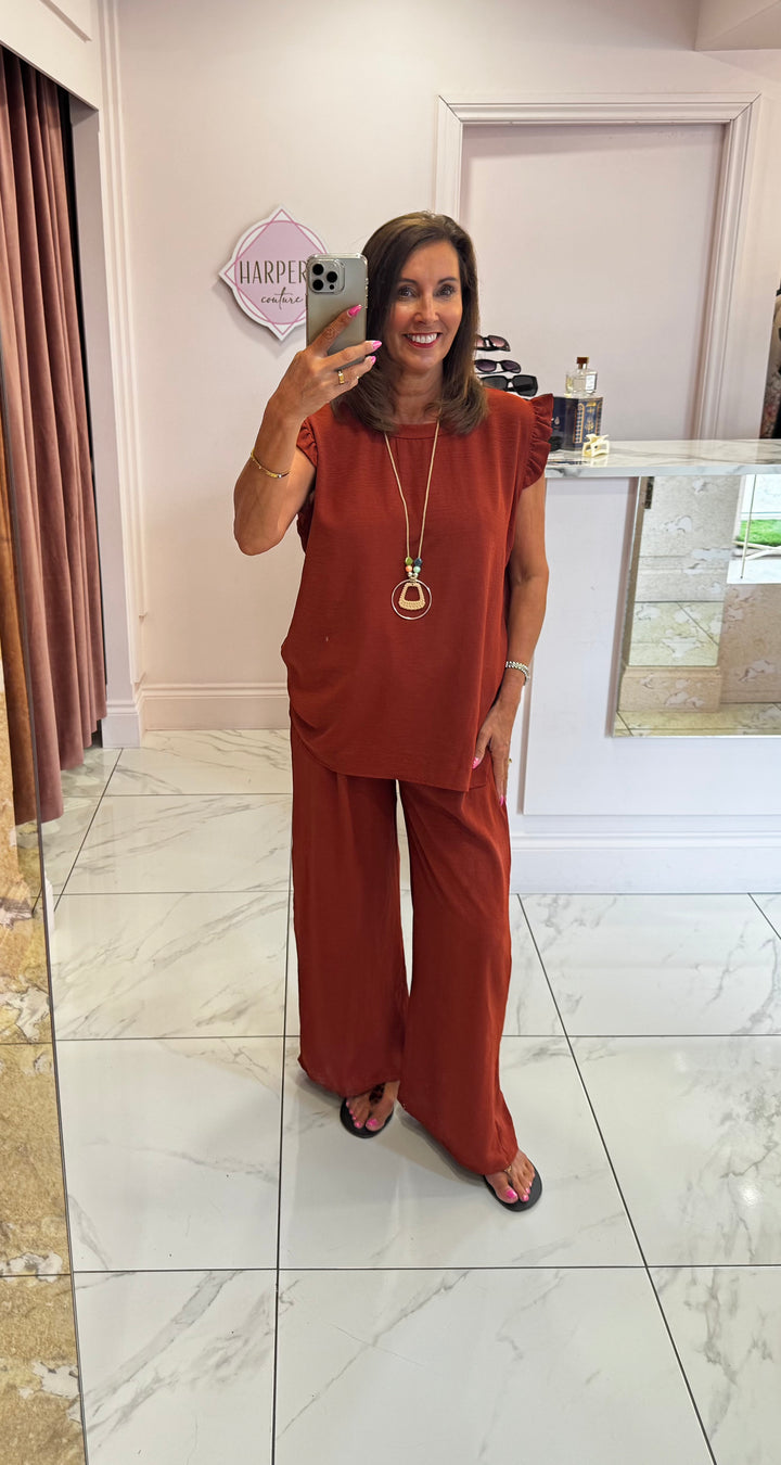 Kaya Rust Frill Shoulder Top & Trouser Co Ord Set
