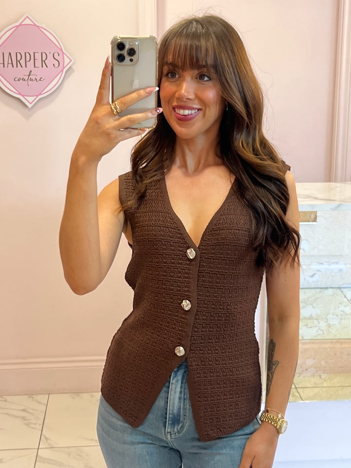 Carter Chocolate Crinkle Knit Button Detail Waistcoat