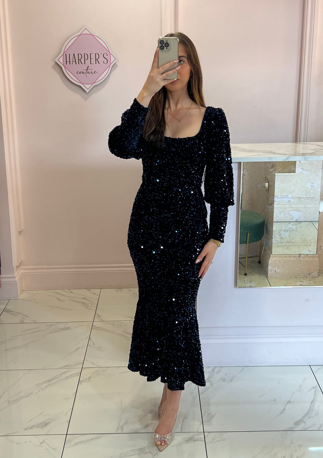 Emmy Navy Sequin Fishtail Dress