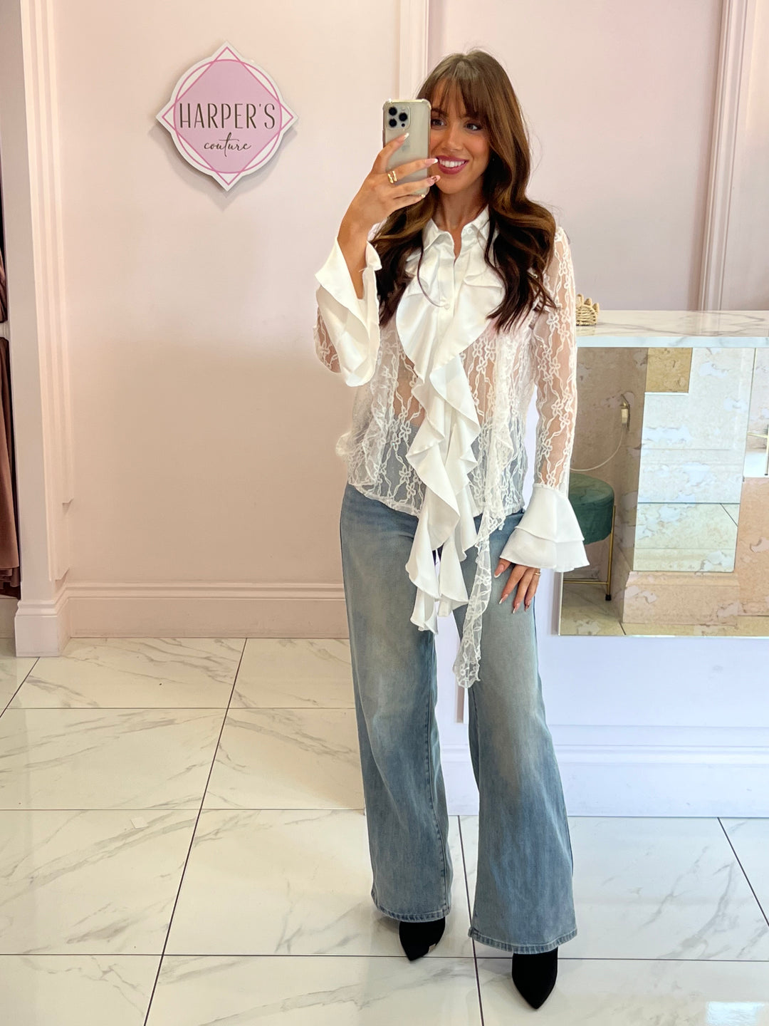 Hollie Lace & Ruffle White Shirt with Bell Sleeves