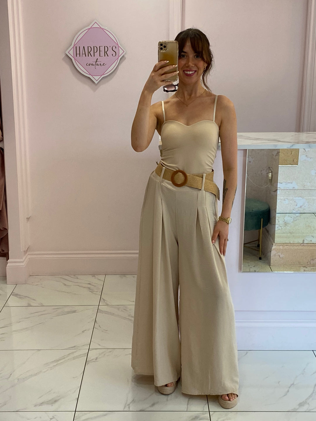 Adrianna Beige Wide Leg Belted Trousers