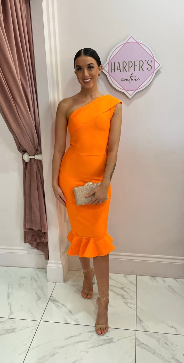 Mimia Neon Orange One Shoulder Bandage Dress