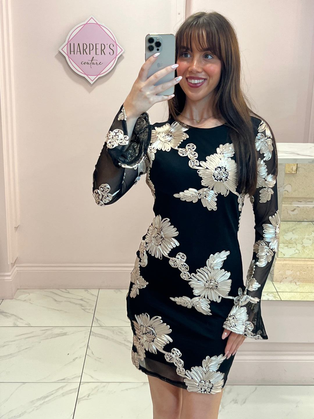 Valentina Black Mesh Ribbon Flower Dress