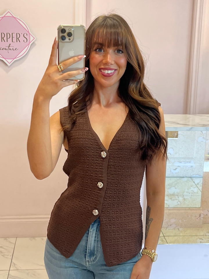 Carter Chocolate Crinkle Knit Button Detail Waistcoat