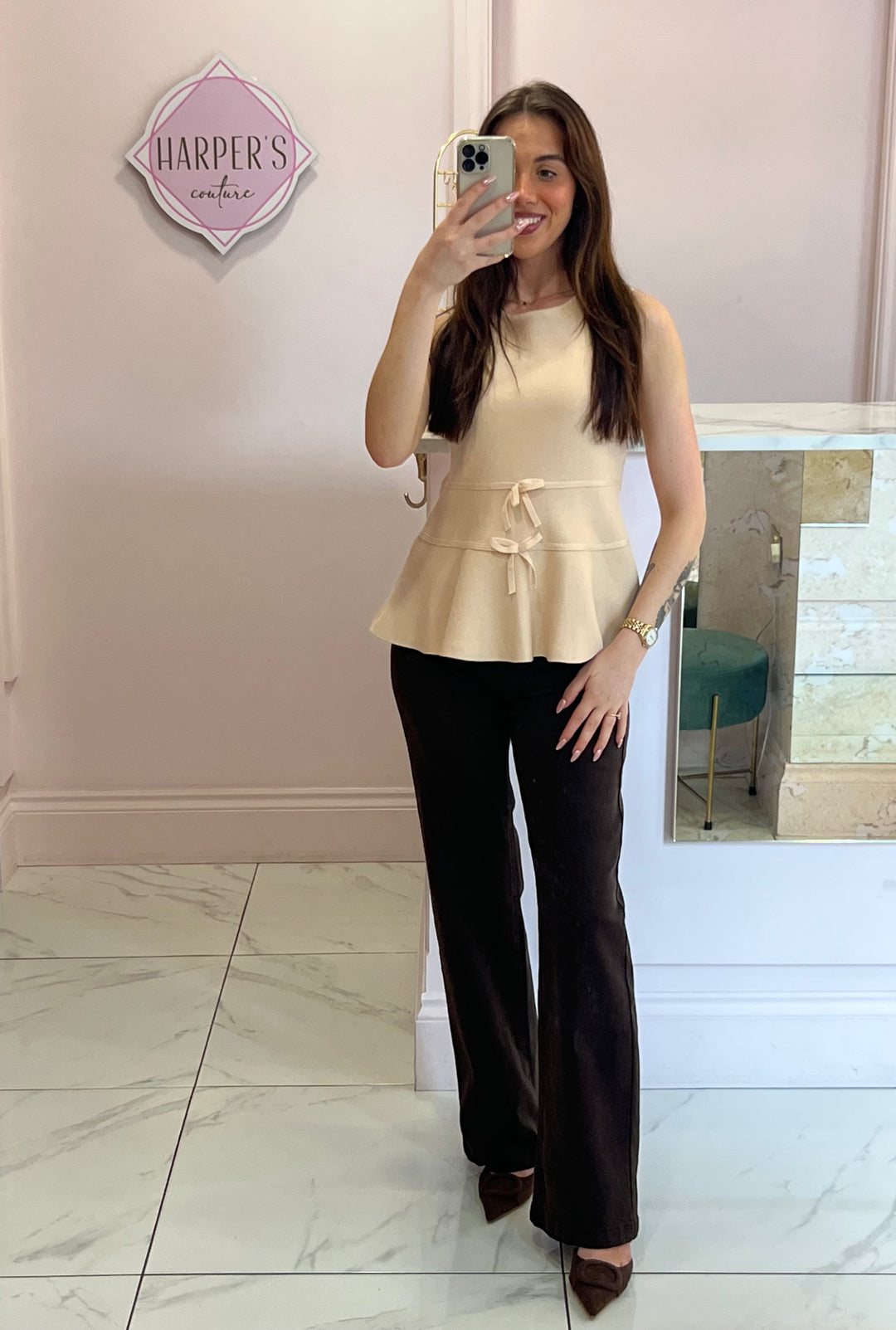 Lana Cream Peplum & Bow Detail Knit Tank Top