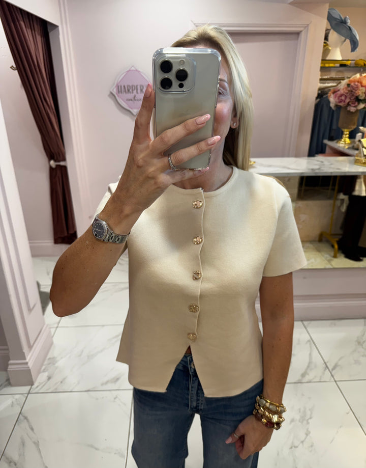 Katy Cream Knit Button Detail Waistcoat/Top