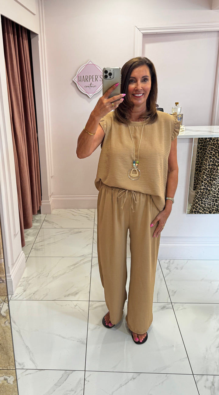 Kaya Tan Frill Shoulder Top & Trouser Co Ord Set