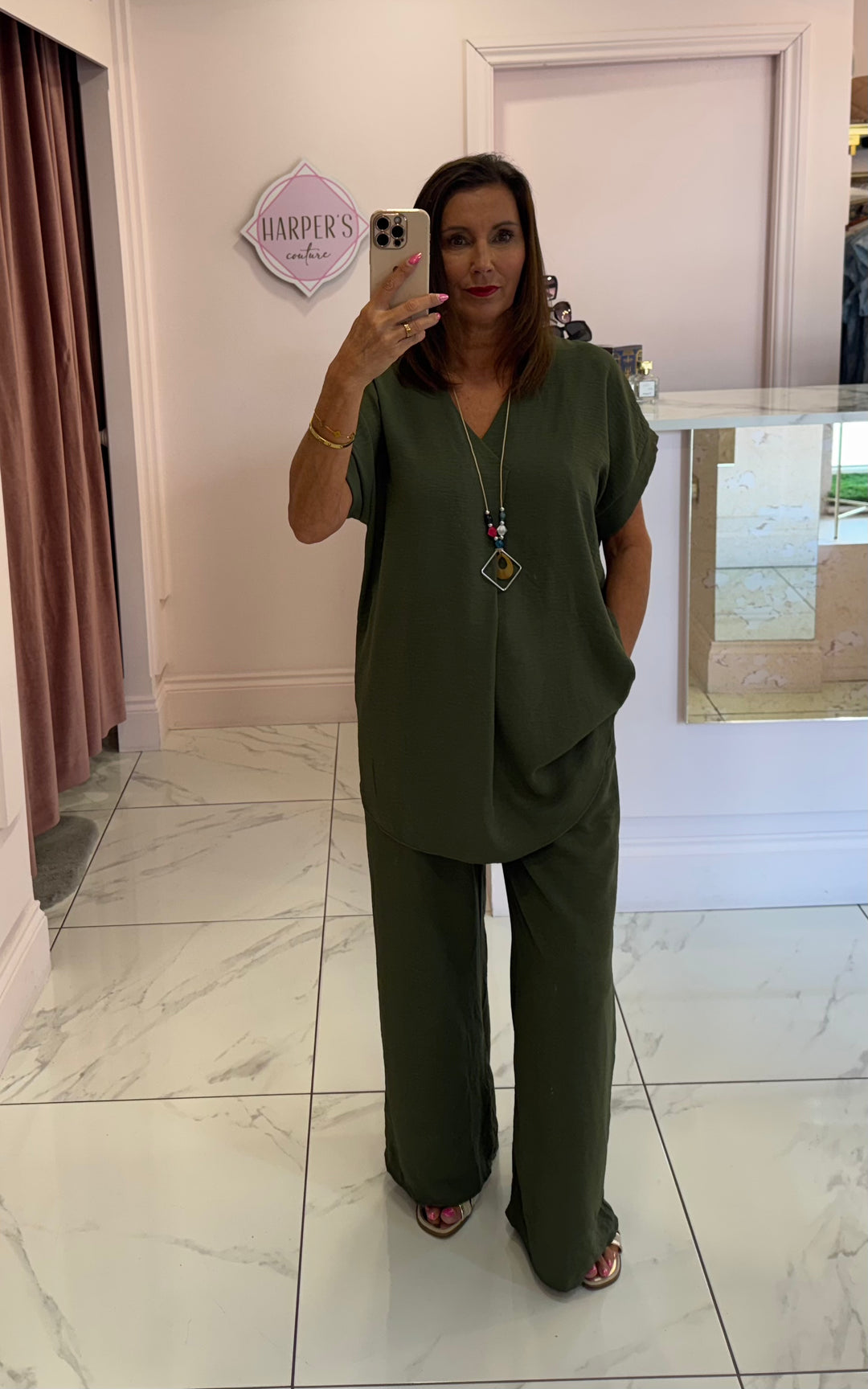 Ember Khaki V Neck Top & Trouser Co Ord Set