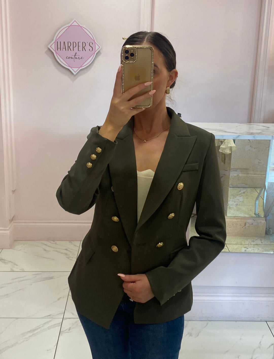 Alena Khaki Gold Button Inspired Blazer