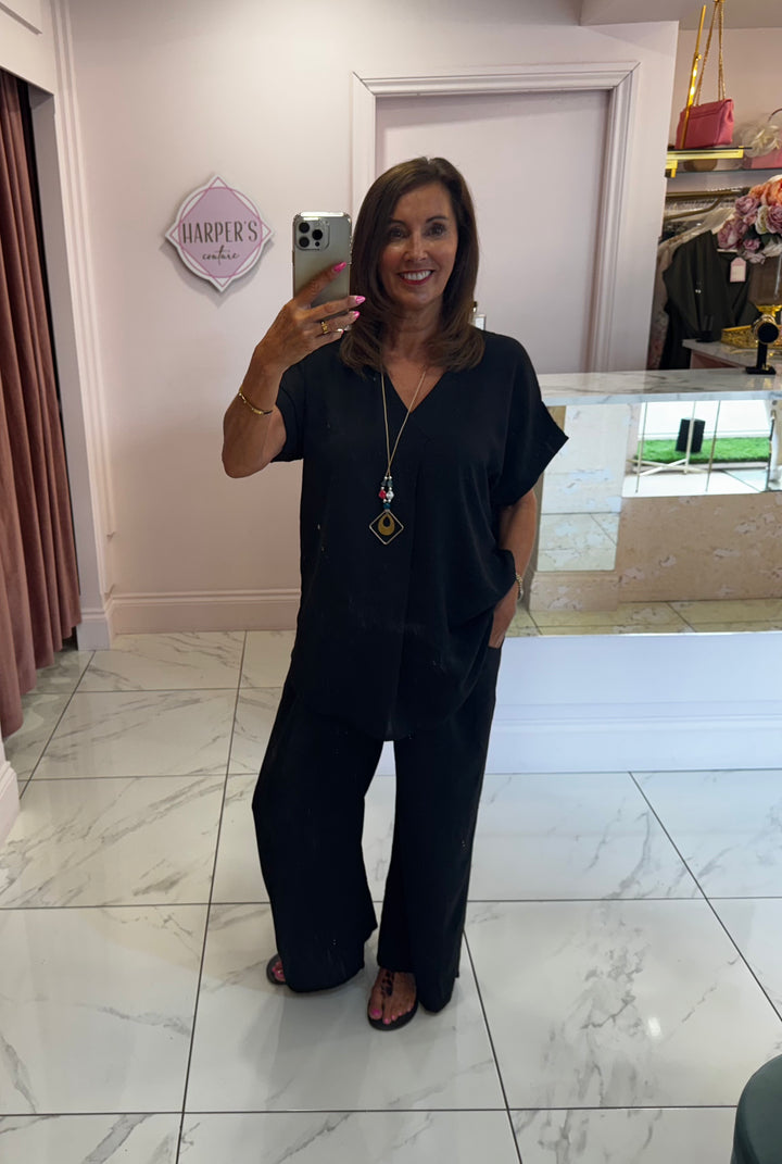 Ember Black V Neck Top & Trouser Co Ord Set