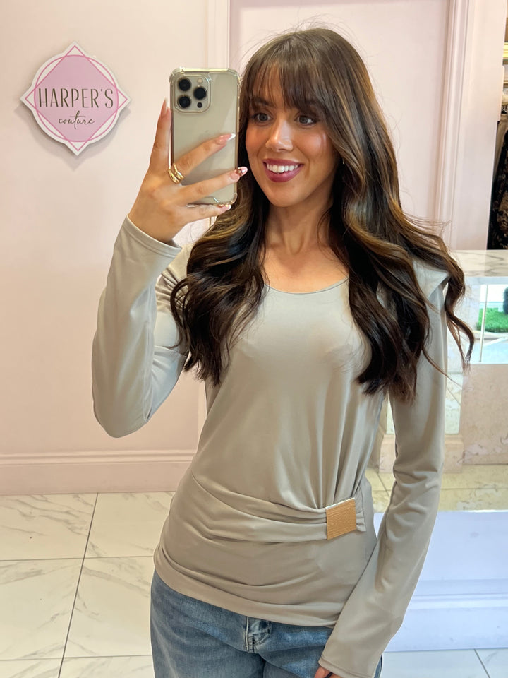 Tammy Taupe Long Sleeve Shoulder Pad Detail Top