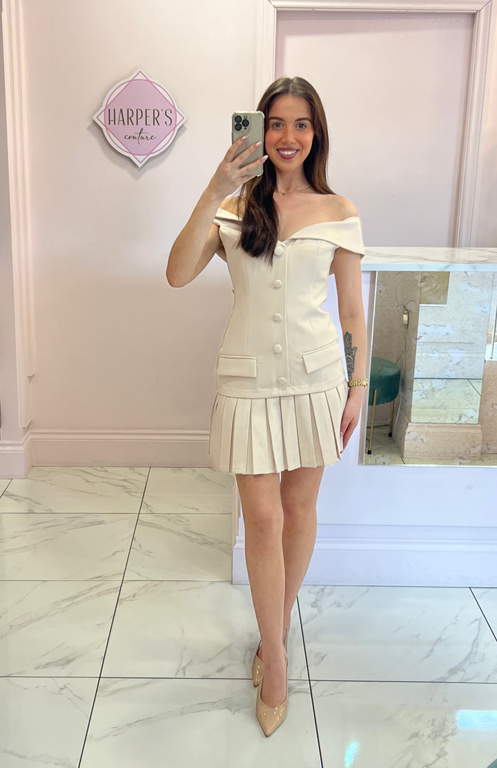 Abbie Luxe Tailored Bardot Button Front & Pleated Mini Dress