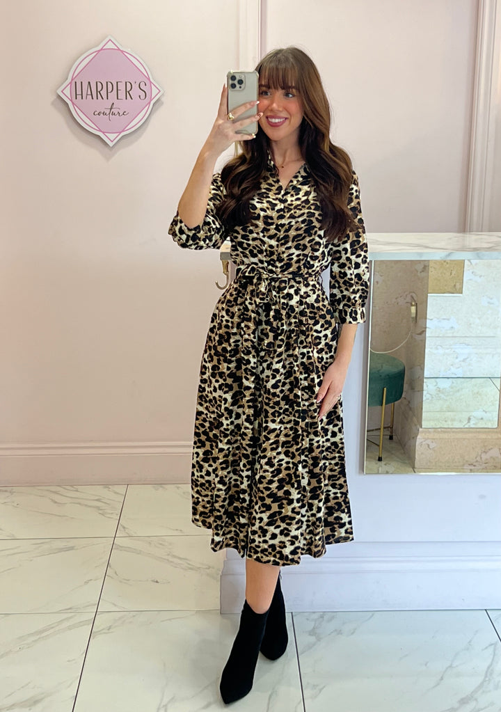 Ivy Leopard Print Button Up Midi Dress
