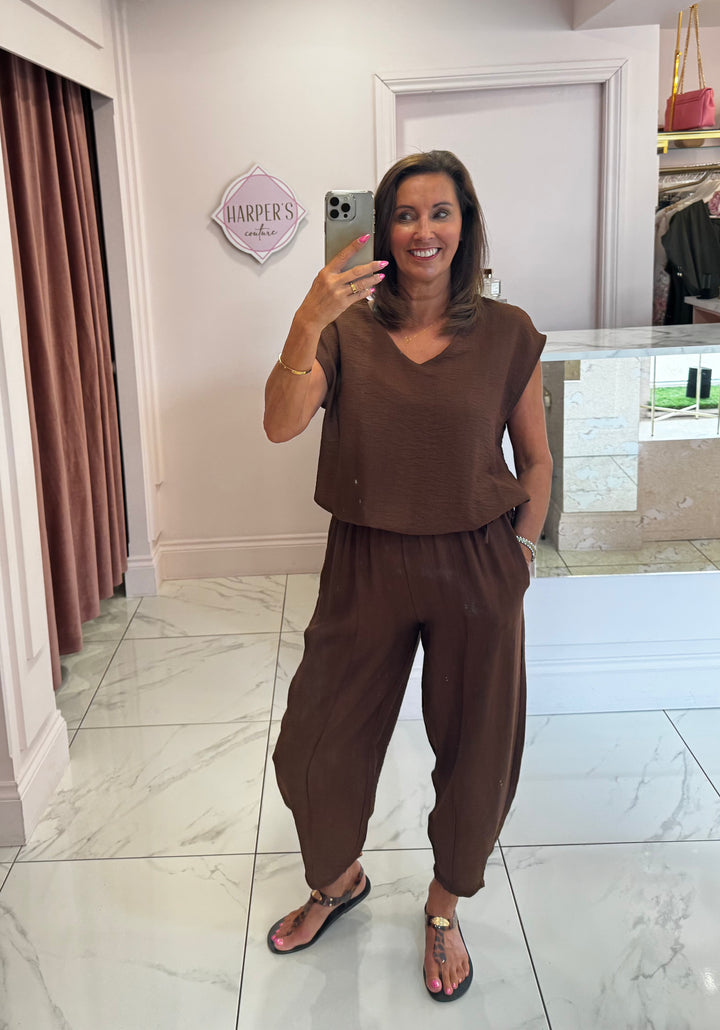 Petra Chocolate Drawstring Top & Trouser Co Ord Set