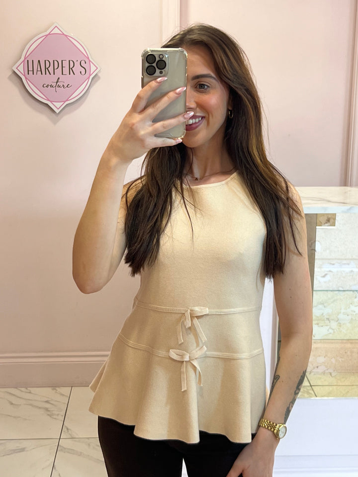 Lana Cream Peplum & Bow Detail Knit Tank Top